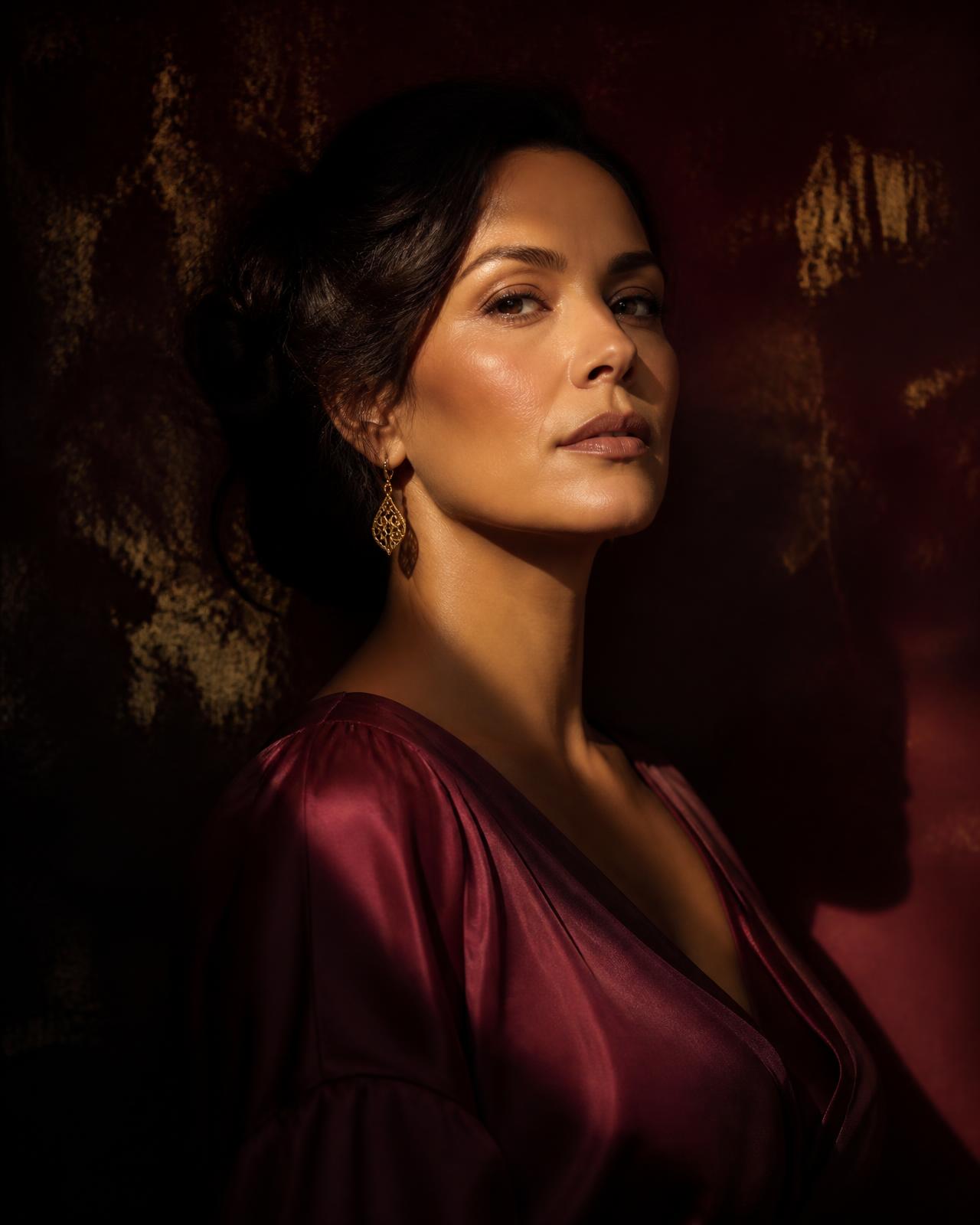 Retrato editorial de uma mulher em tons de marsala, com um feixe de luz atravessando a sombra
