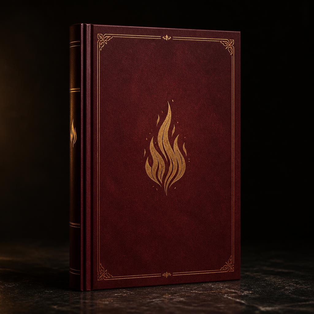 Livro de capa dura marsala com chama estilizada em dourado envelhecido