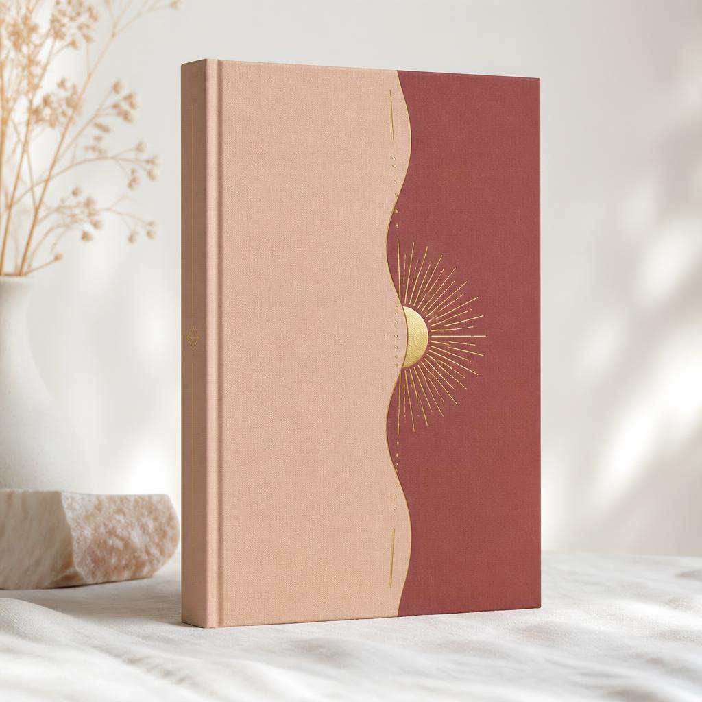 Livro de capa dura em nude e marsala com sol estilizado em dourado luminoso